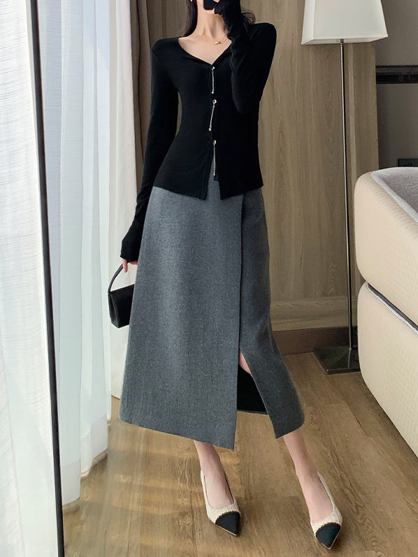 black slim fit v neck chain tops