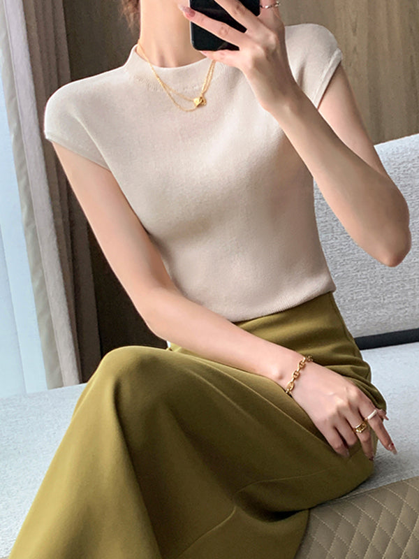 round neck french sleeve slim fit light beige tops