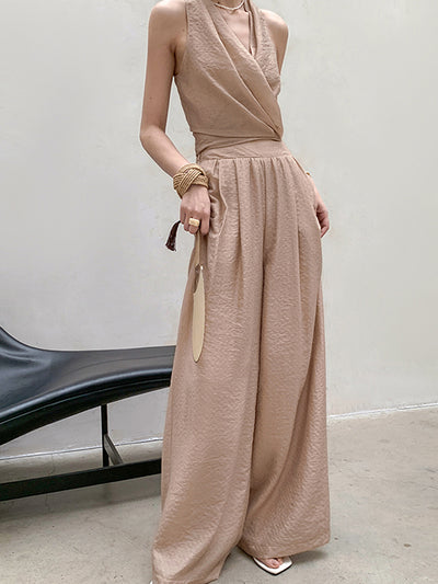 milk tea sleeveless tops and wide pants set up