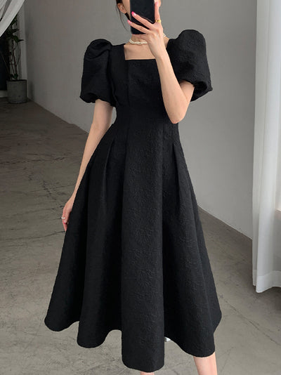 square neck waist puff sleeve flare long black dress