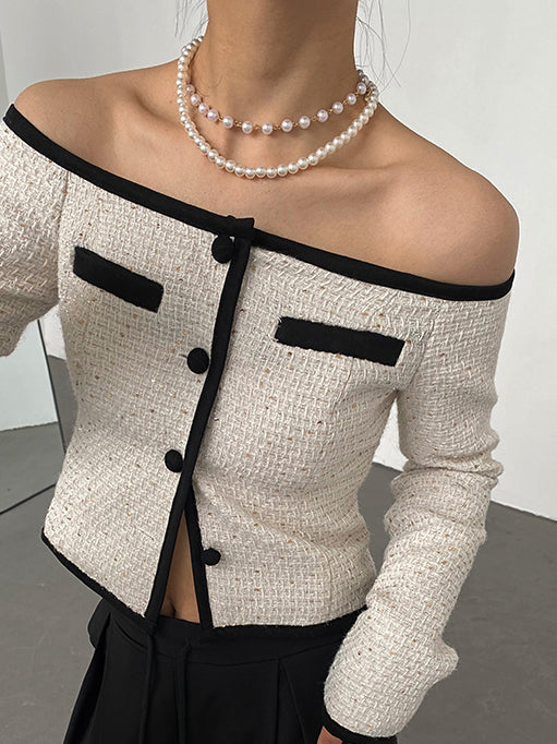 off shoulder tweed short tops