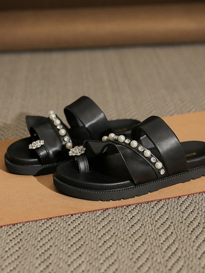 flat ruffle pearl bijou sandals