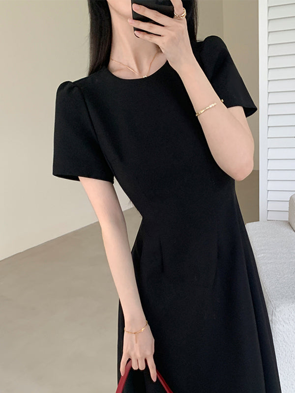 u neck black flare long dress