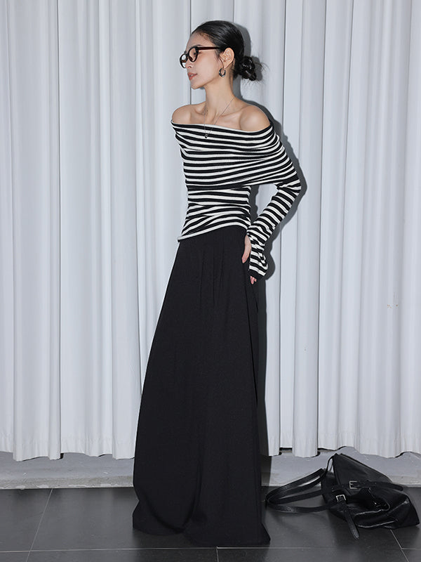 stripe off shoulder long sleeve slim fit tops