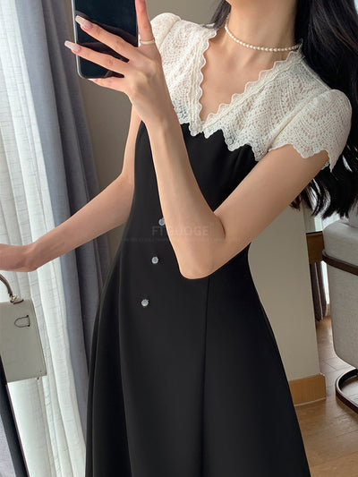 french retro lace flare long one piece