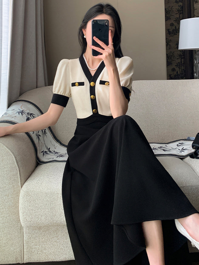 v neck bicolor gold button long one piece