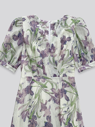 v neck flower tencel long one piece