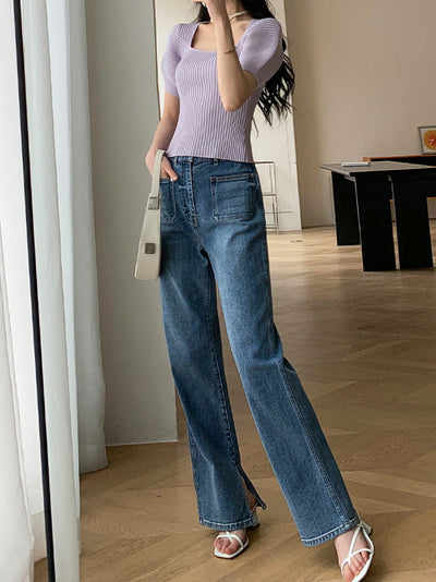 light purple square neck puff sleeve knit tops
