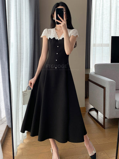 french retro lace flare long one piece