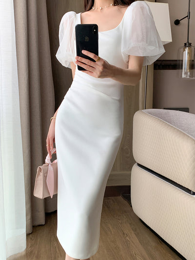 chiffon puff sleeve white tight dress