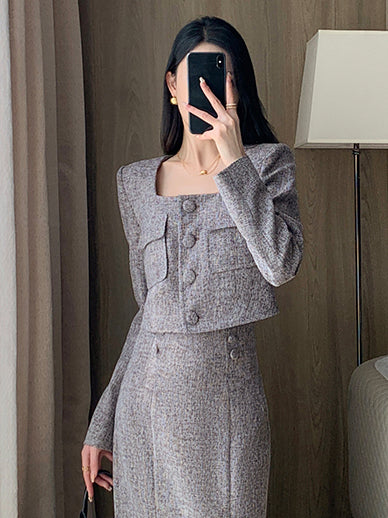 gray brown square collar short French jacket