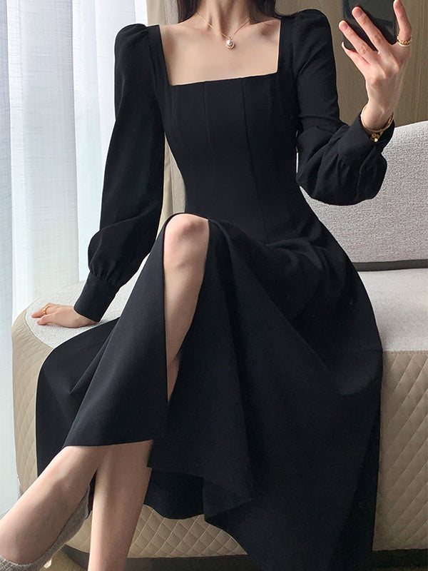 square neck long sleeve slit black dress