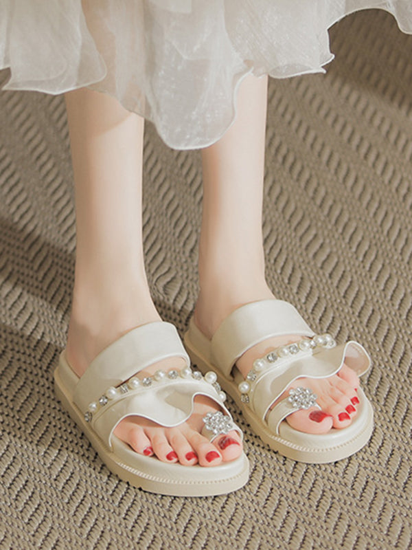 flat ruffle pearl bijou sandals