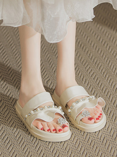 flat ruffle pearl bijou sandals
