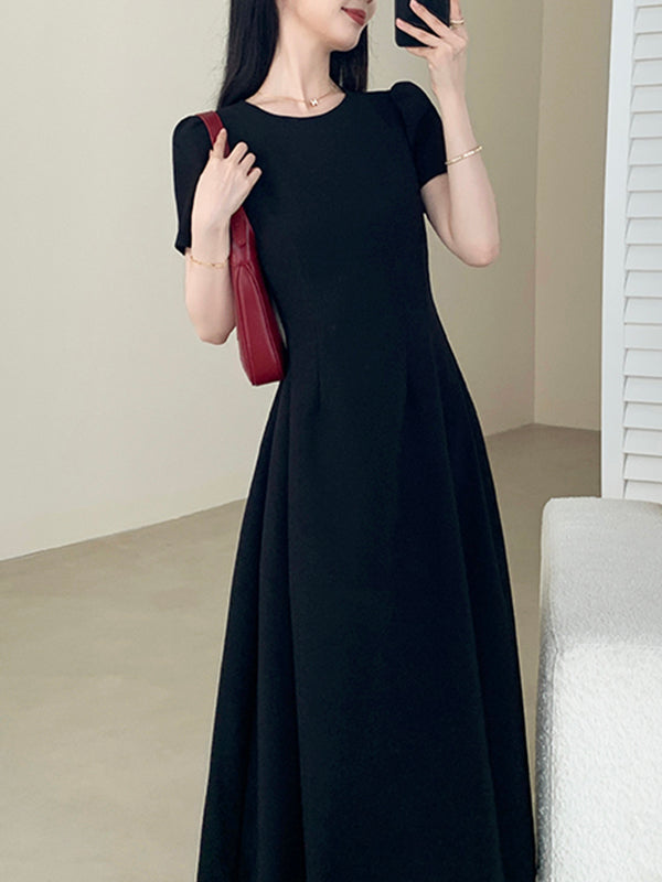 u neck black flare long dress