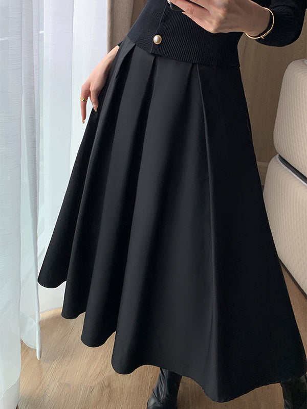 high waist slim pleated black long skirt