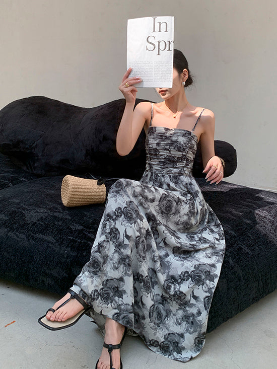 flower print monotone long dress