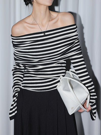 stripe off shoulder long sleeve slim fit tops