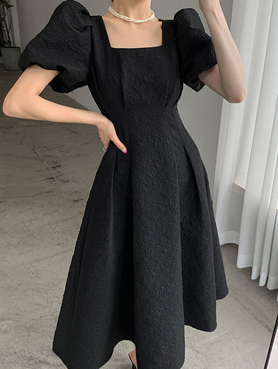 square neck waist puff sleeve flare long black dress