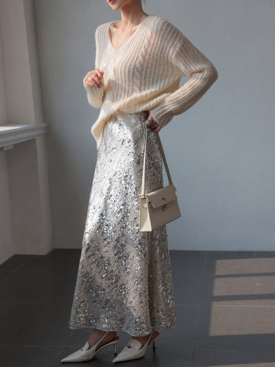 high end sequin long tight skirt