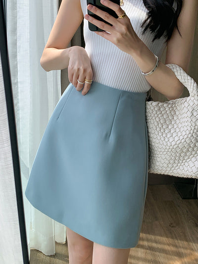 high waist trapezoid light blue mini skirt