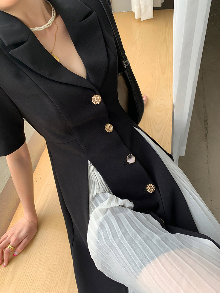 black short sleeve suit style pleats one piece