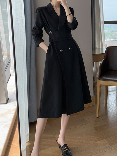 waist slim black long suit dress