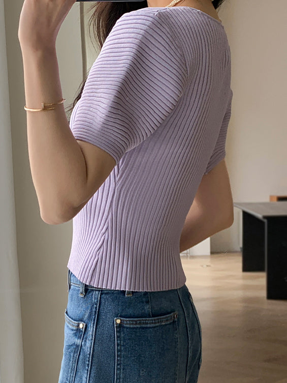 light purple square neck puff sleeve knit tops