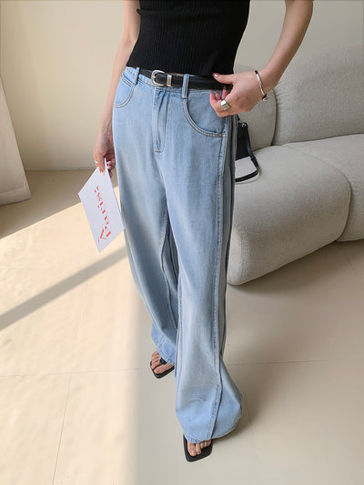 high waist light blue wide cut long denim pants