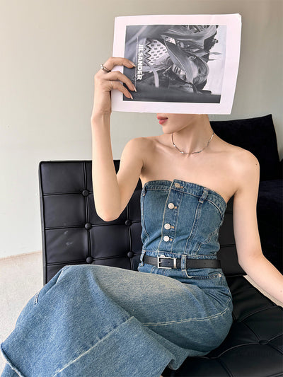 blue denim button tube top long one piece