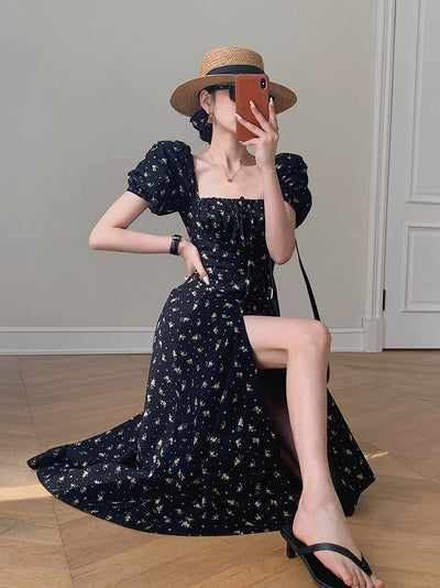 square neck puff sleeve slit black flower one piece