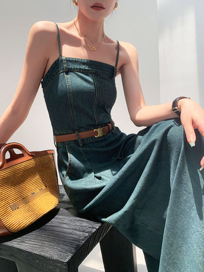 vintage blue denim camisole pleats long one piece
