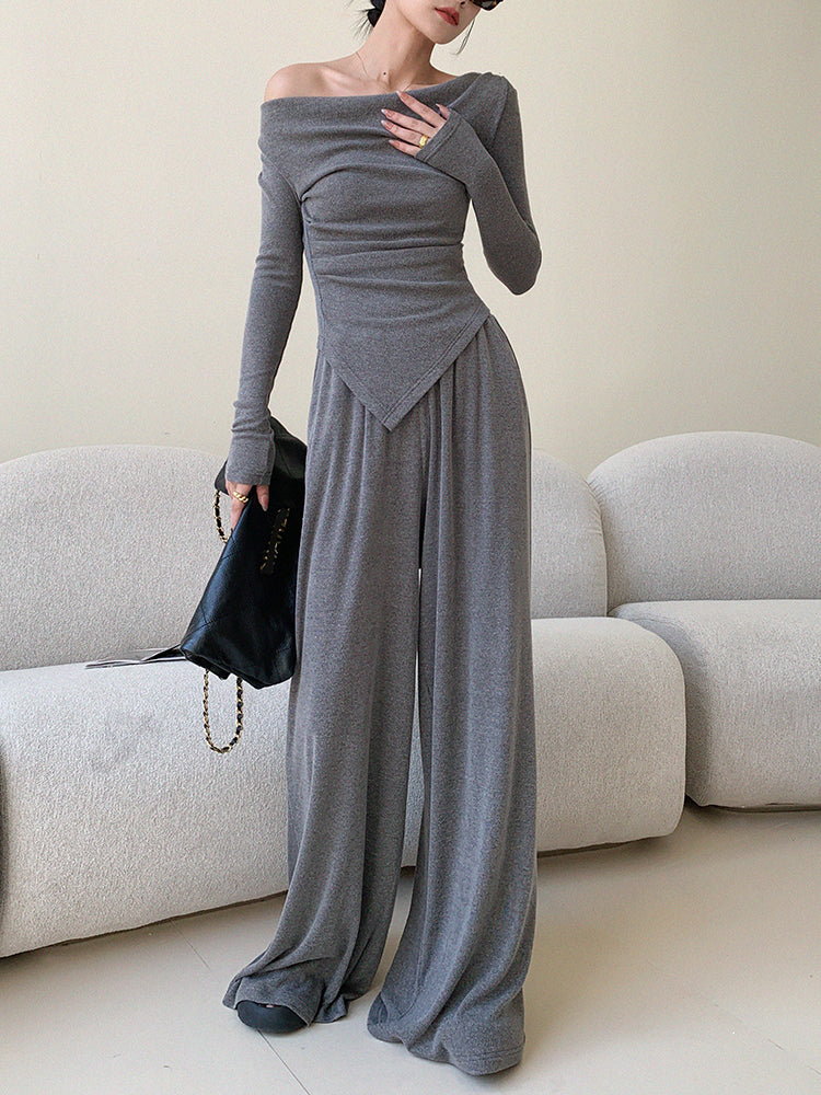 off shoulder asymmetry pants setup