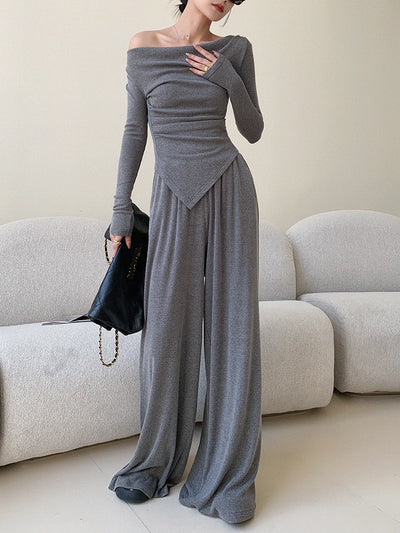 off shoulder asymmetry pants setup