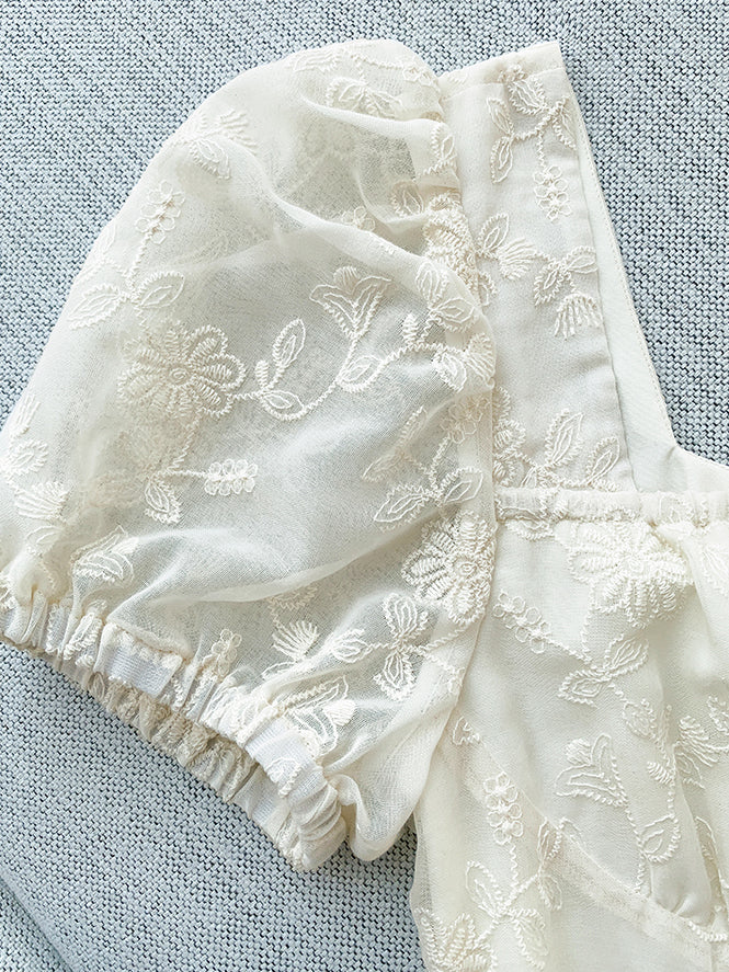 square neck puff sleeve lace long dress