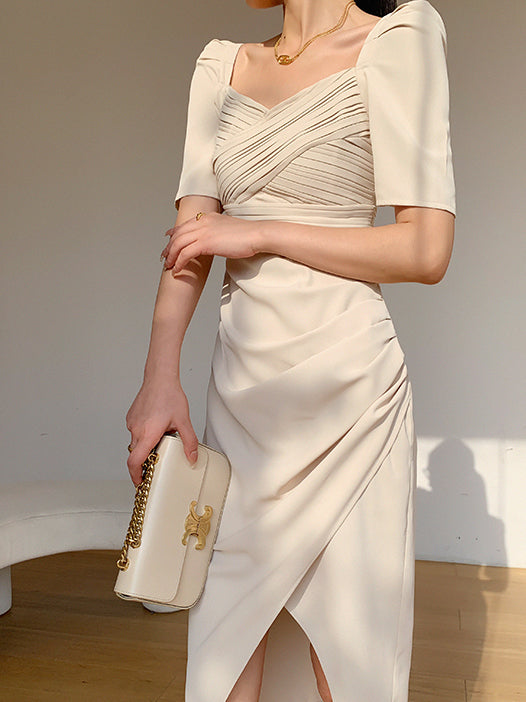 puff sleeve white beige drape slit dress