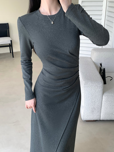 gray long sleeve slit long dress