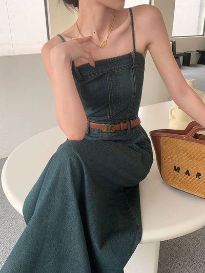 vintage blue denim camisole pleats long one piece