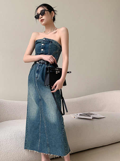 blue denim button tube top long one piece