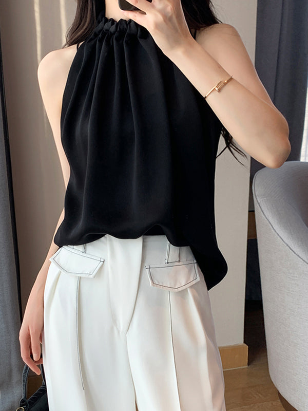 high neck gather sleeveless tops