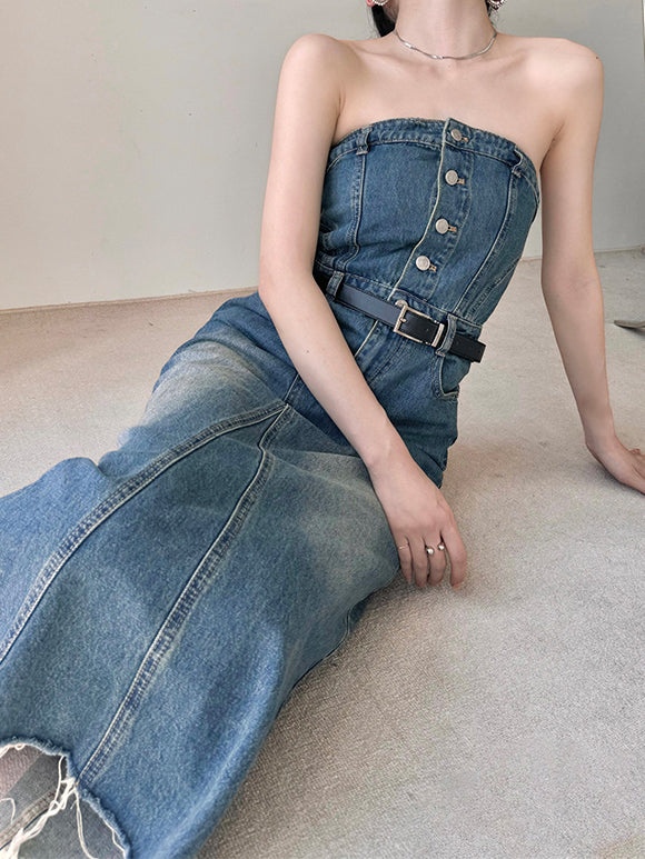 blue denim button tube top long one piece