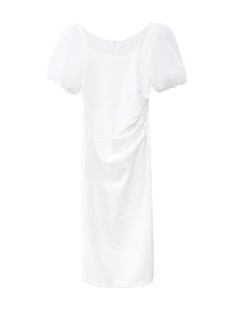 chiffon puff sleeve white tight dress