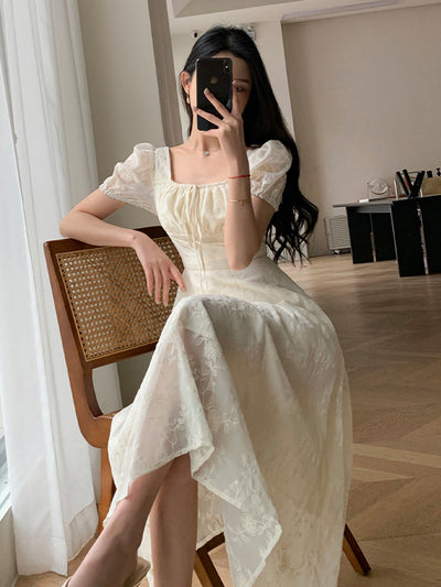 square neck puff sleeve lace long dress