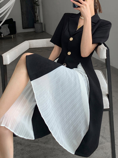 black short sleeve suit style pleats one piece
