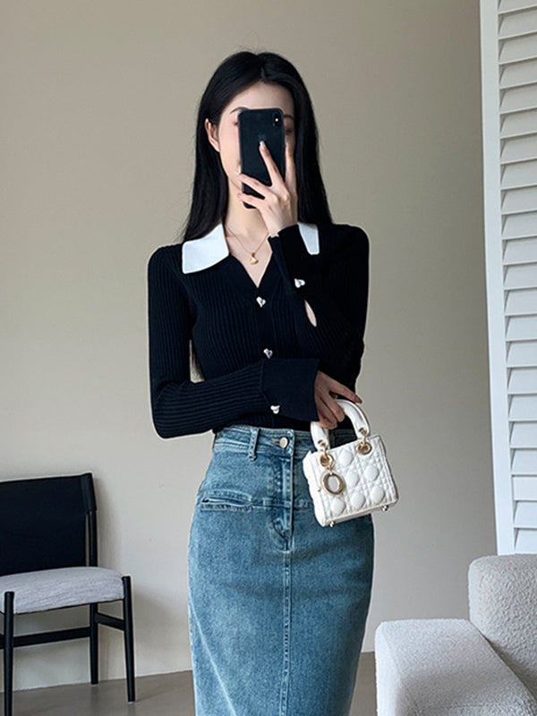 v neck collar heart button cardigan