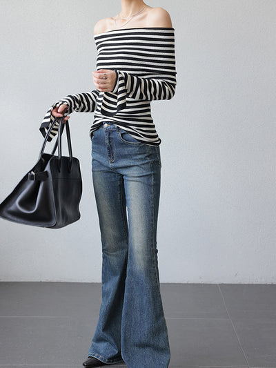 stripe off shoulder long sleeve slim fit tops