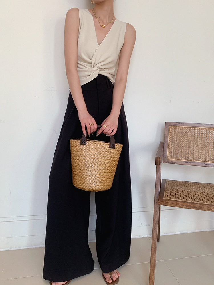 high waist slim wide black pants