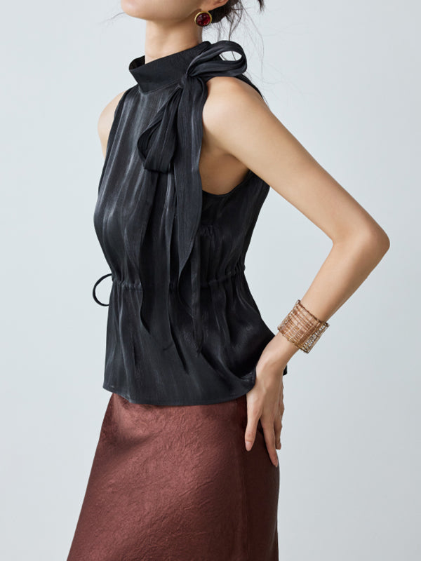 high neck sleeveless ribbon tops