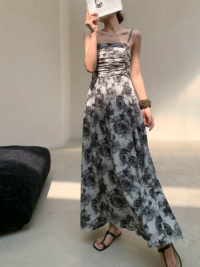flower print monotone long dress