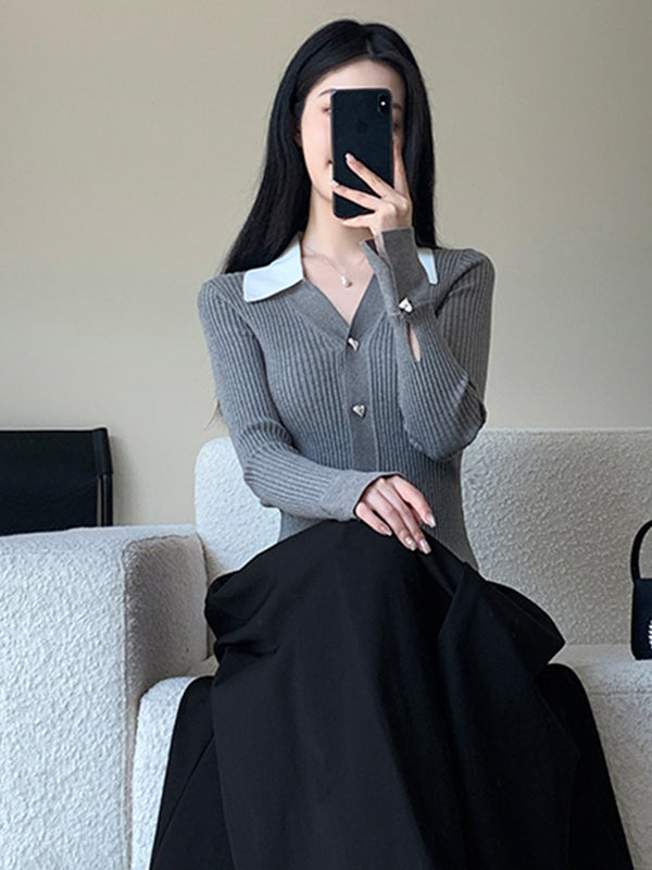 v neck collar heart button cardigan